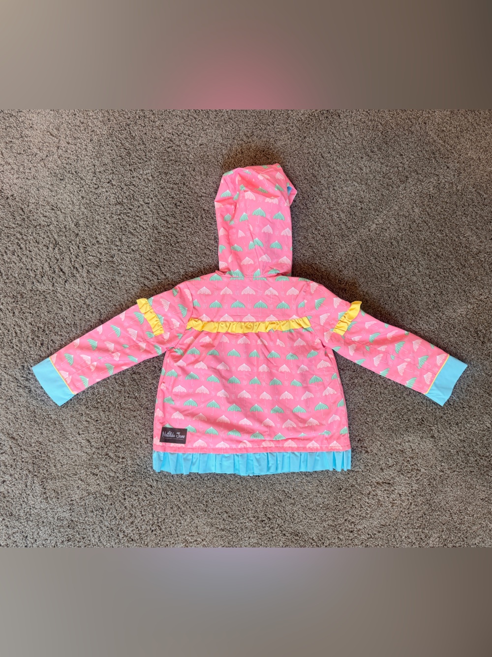 Matilda Jane Pink & Aqua Umbrella Hooded Jacket with Yellow Ruffle - Picture 2 of 3
